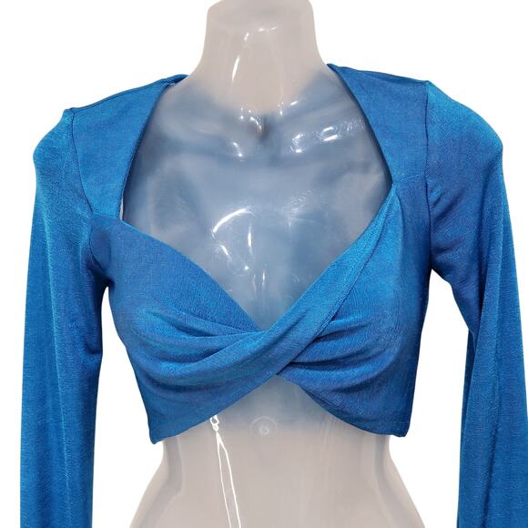 White Fox Front Twist Jersey Long Sleeve Crop Top Sweetheart Neck Blue Size XS - Picture 4 of 10